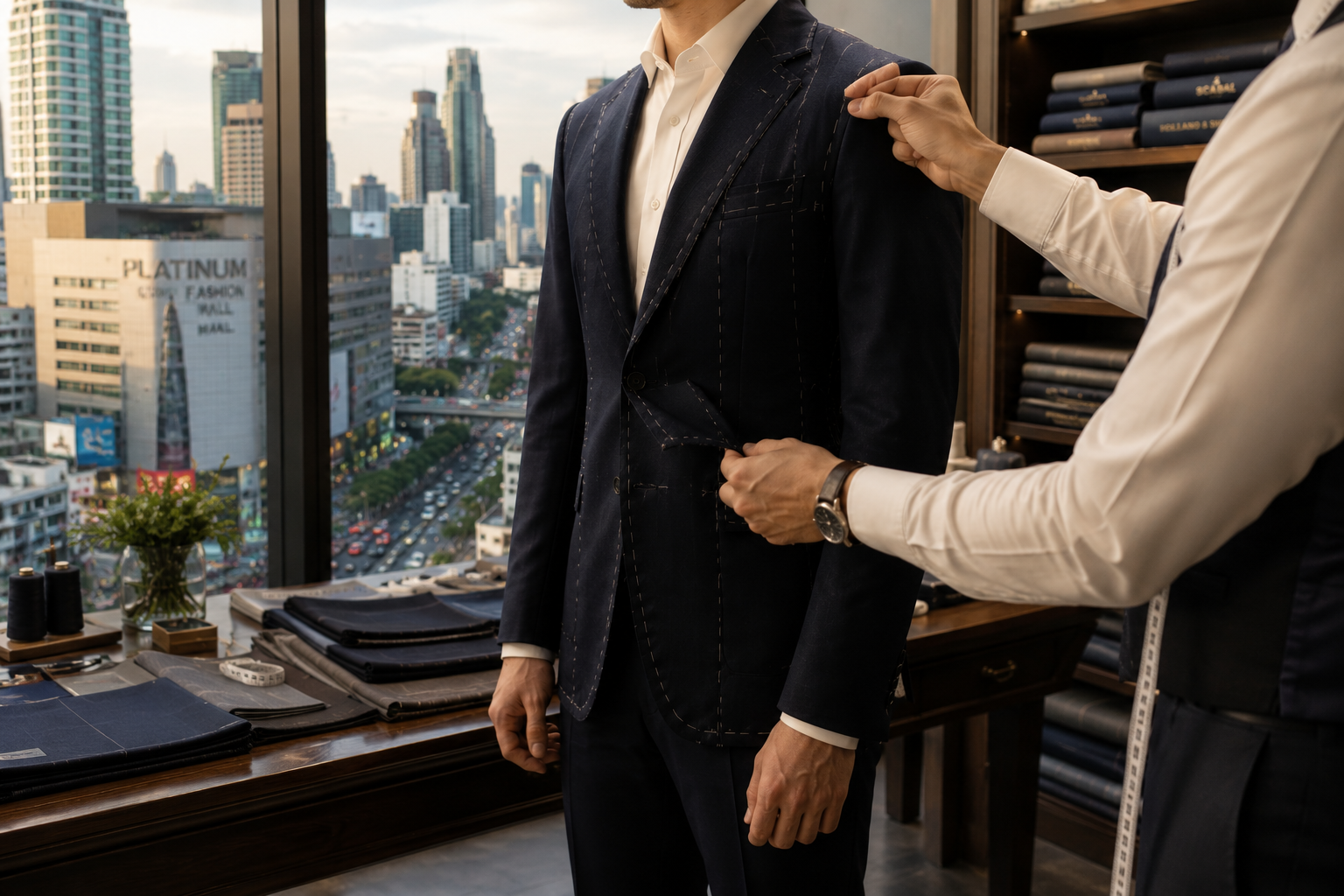 Master tailor fitting a bespoke suit on a client in the Urban Stitch atelier