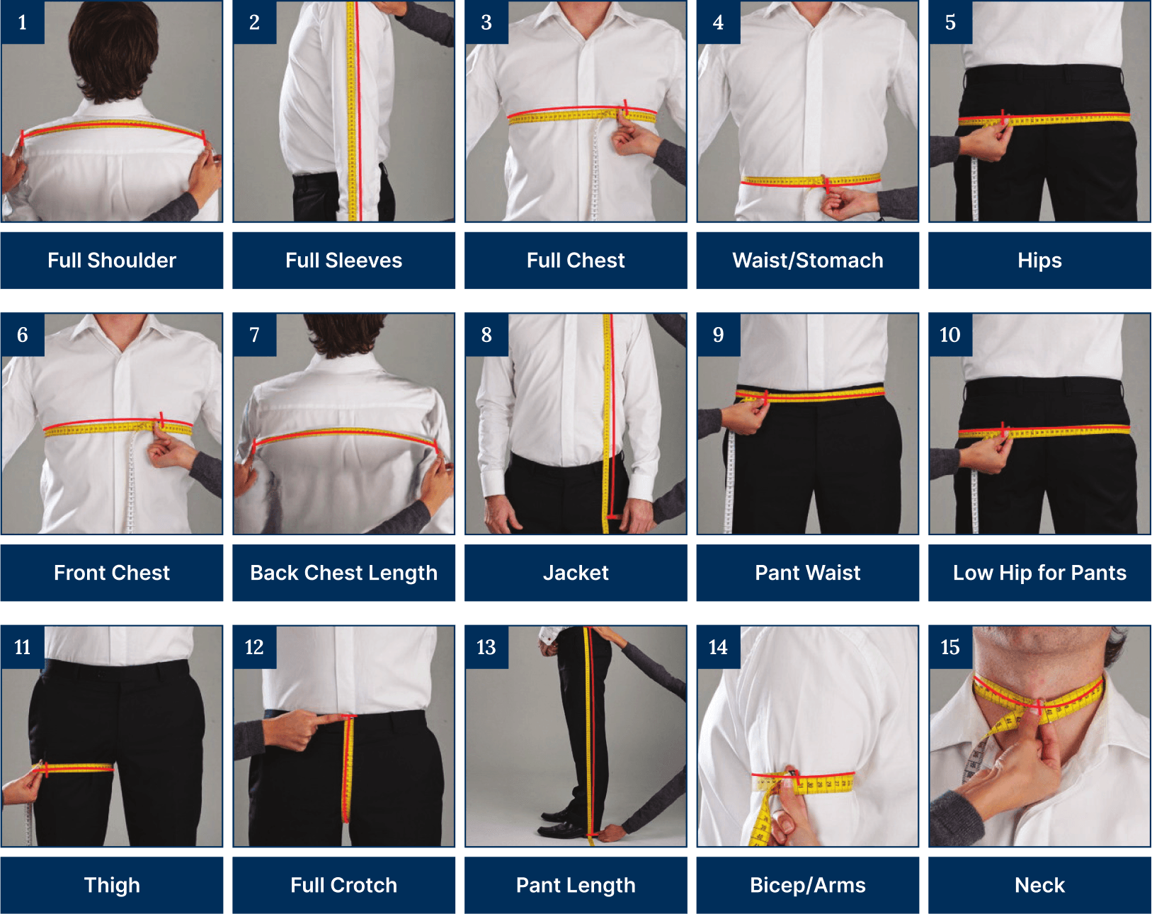 Step-by-step visual guide for taking full body measurements for bespoke tailoring